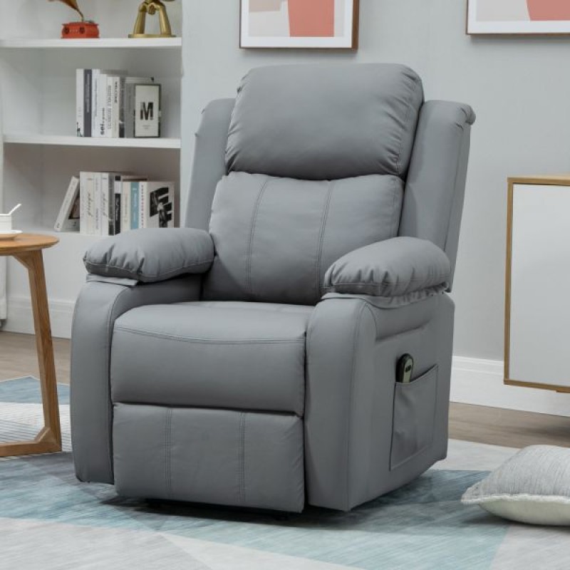 Homcom Poltrona Relax Levanta Pessoas com Controle Remoto Reclinação Elétrica de 160° Apoio para os Pés Encosto Estofado em Pu e Bolsos Laterais 76x90x105cm Cinza